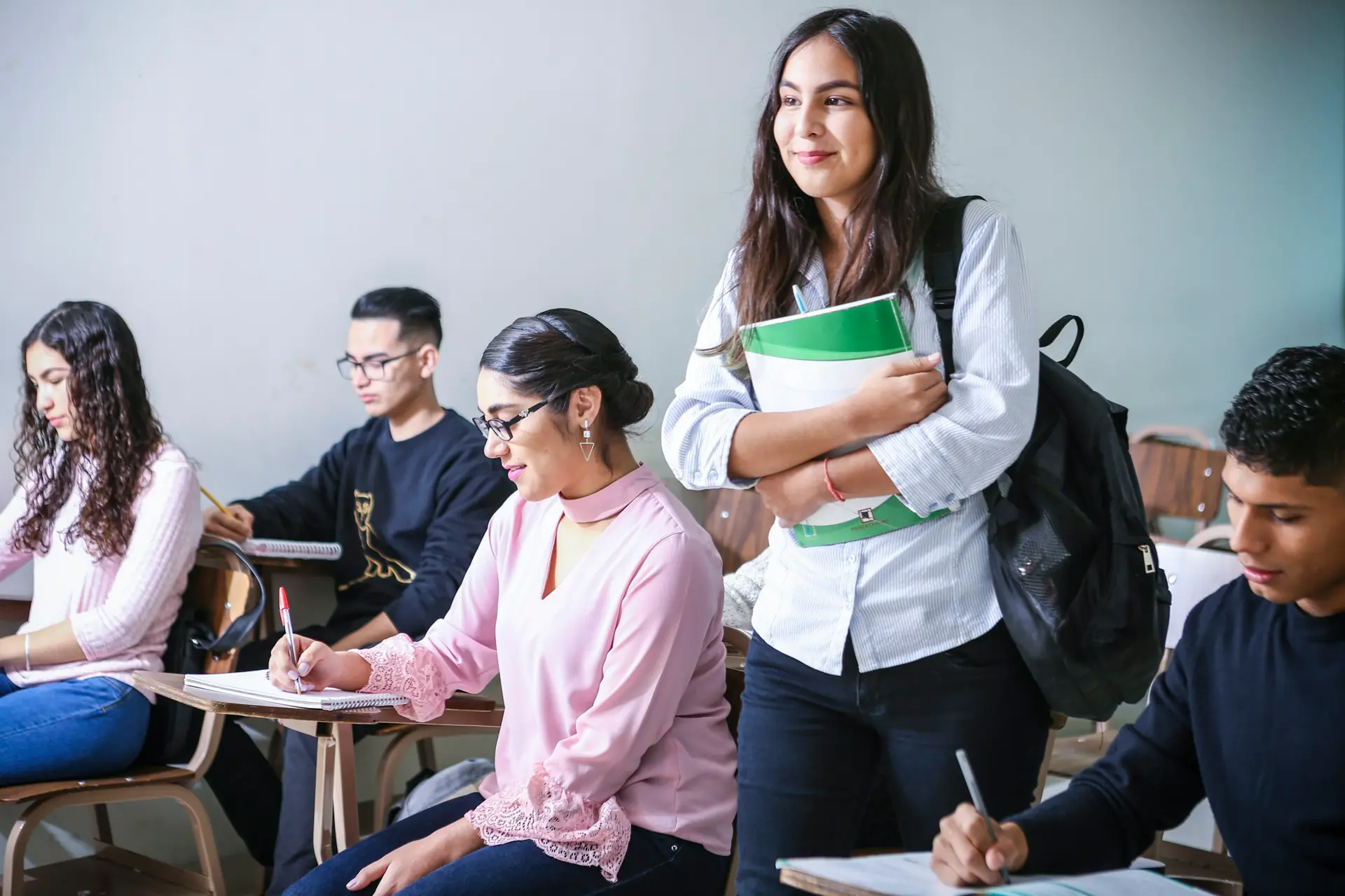 Students with headsets in a language lab