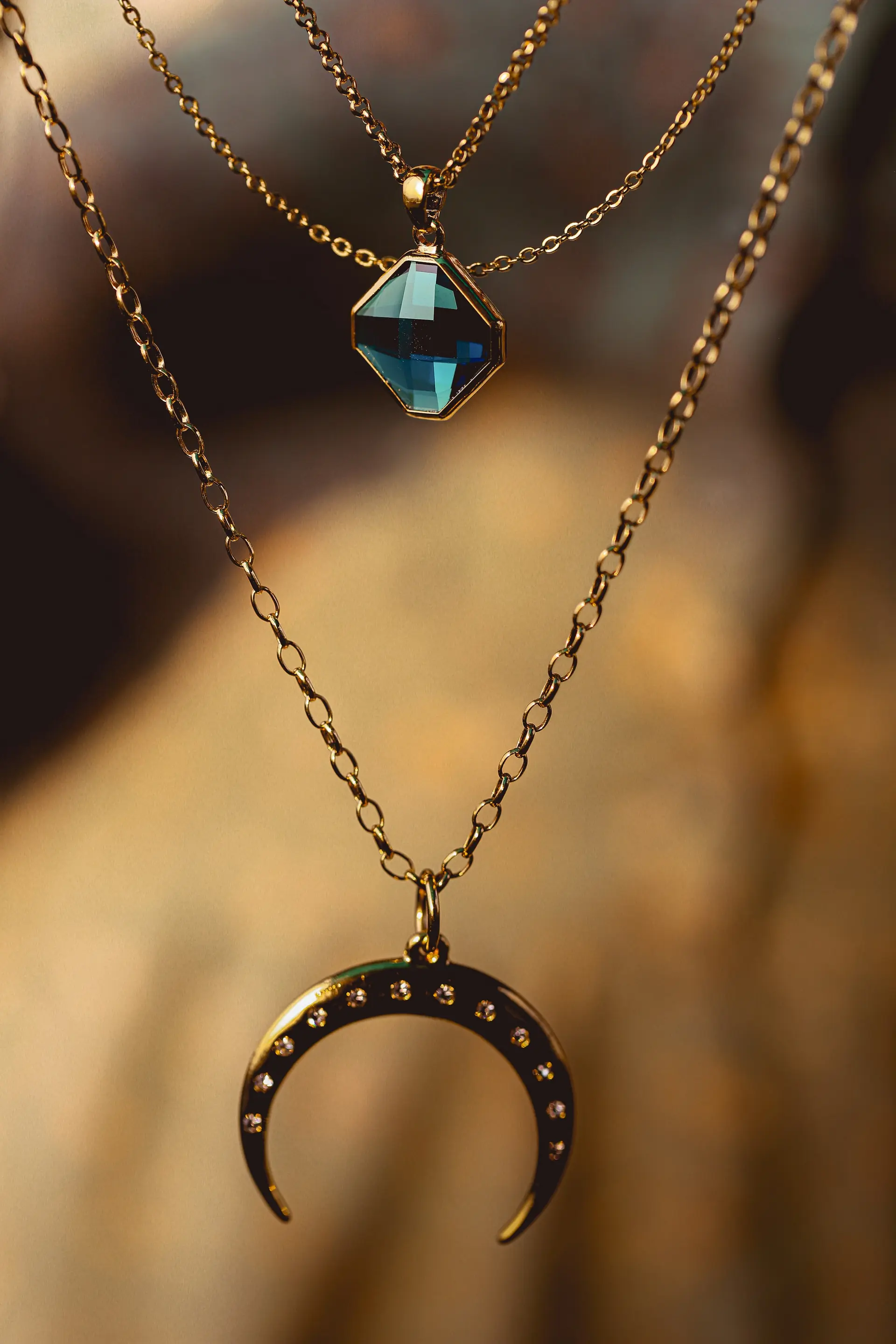 Close-up of gold jewellery on display